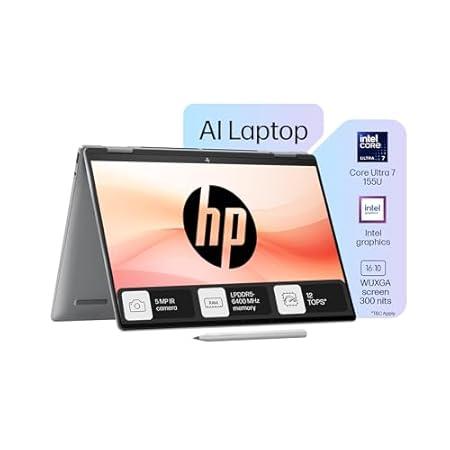 HP Envy x360, Intel Core Ultra 7-155U AI Laptop (16GB RAM, 512GB SSD) Touchscreen 2-in-1, IPS, WUXGA, 14"/35.6cm, Win 11, MS Office 2021, Silver, 1.39Kg, Integrated Graphics, 5MP IR Camera, fc0106TU